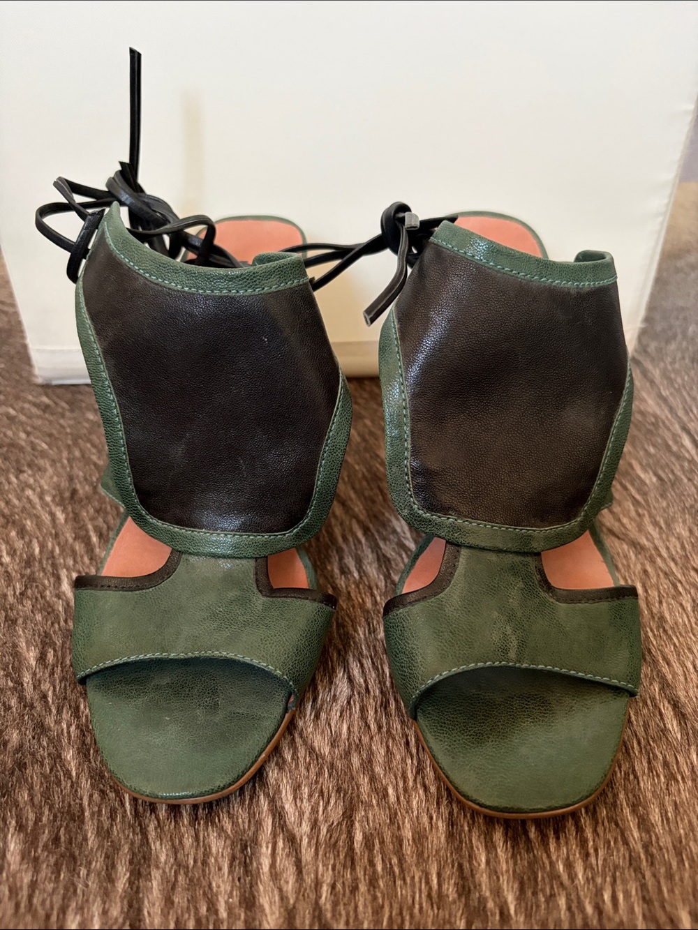 Women's Green Leather Open-Toe Sandals with Ankle Wrap